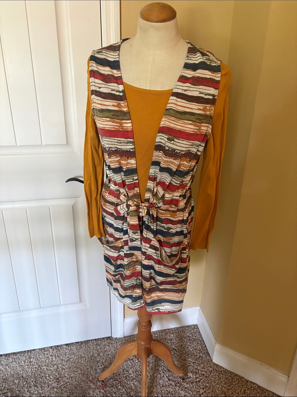 Striped Tie-Waist Long Vest with Mustard Top Set